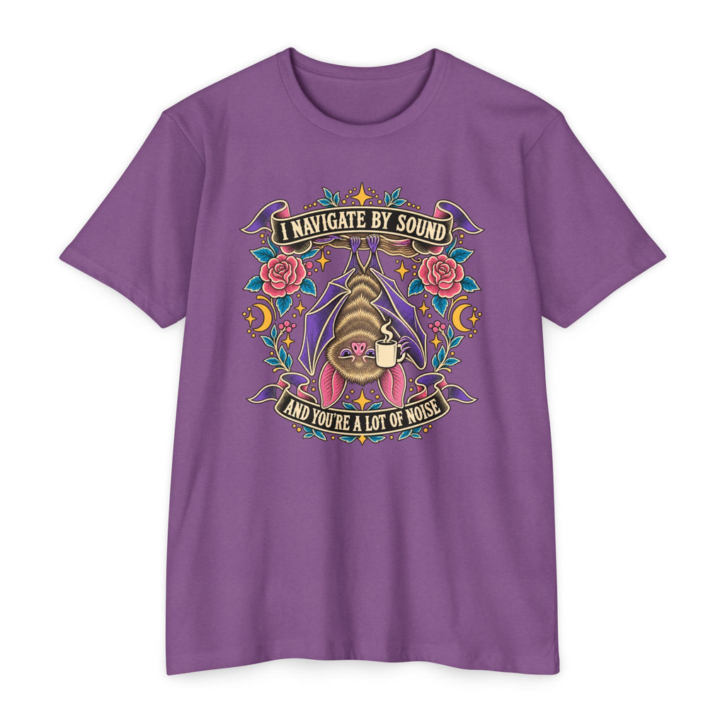 Purple crew-neck T-shirt with colorful bat and floral graphic at center chest