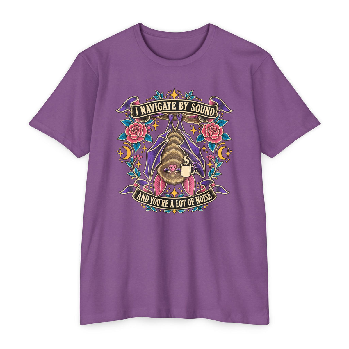 Purple crew-neck T-shirt with colorful bat and floral graphic at center chest