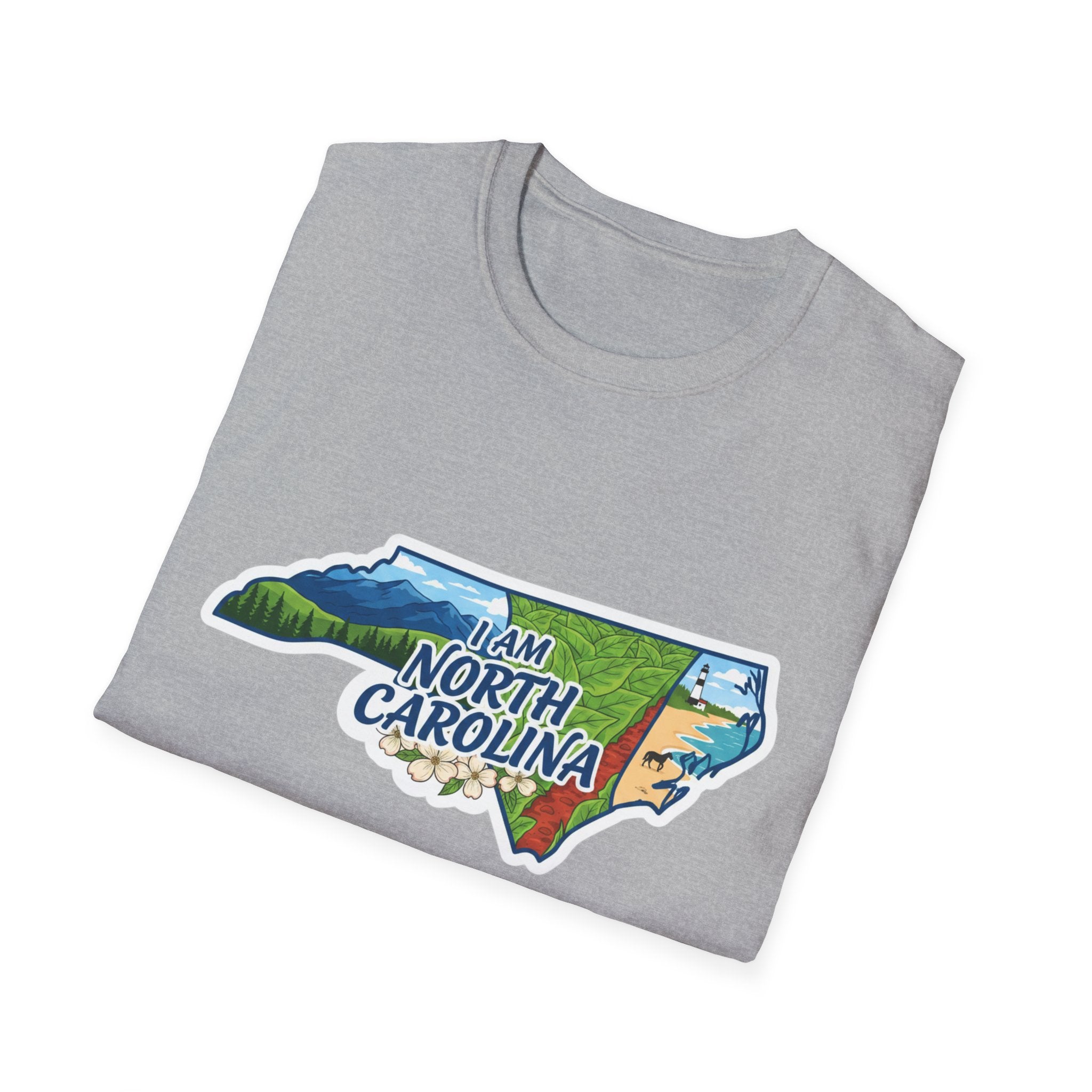 I Am North Carolina T-Shirt, hellgrauer Stoff mit Kartenmotiv, Natur & Blumen