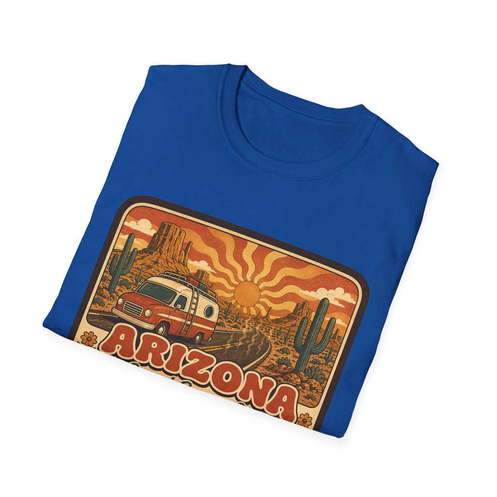Royal blue unisex graphic T-shirt with Arizona desert van and cactus print