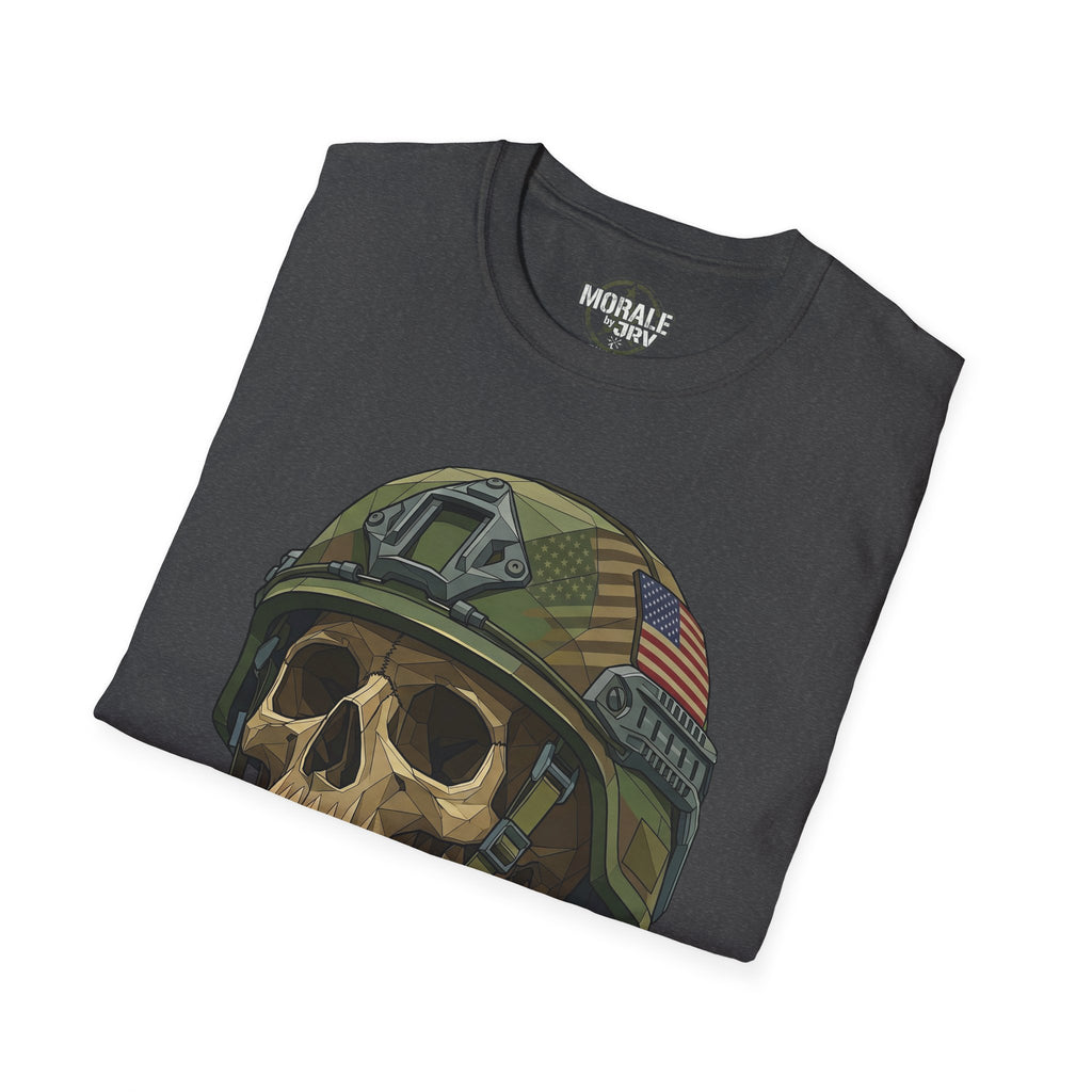 Skull in military helmet T-shirt, dark heather grey—front skull helmet with US flag patch