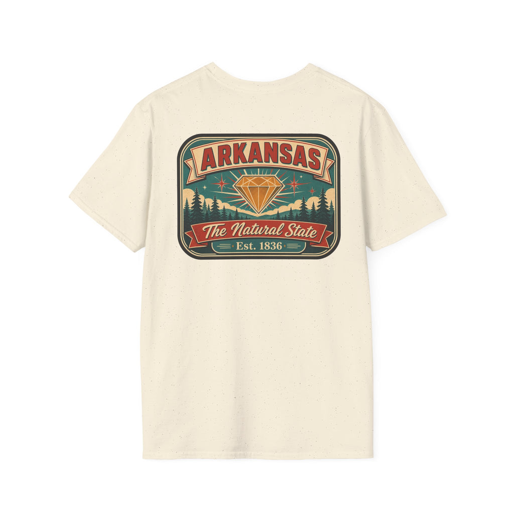 Crewneck T-shirt in natural cream with Arkansas “Natural State” badge graphic