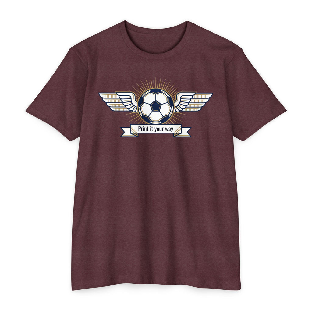 Burgundy soccer T-shirt with winged ball emblem and banner graphic on the chest