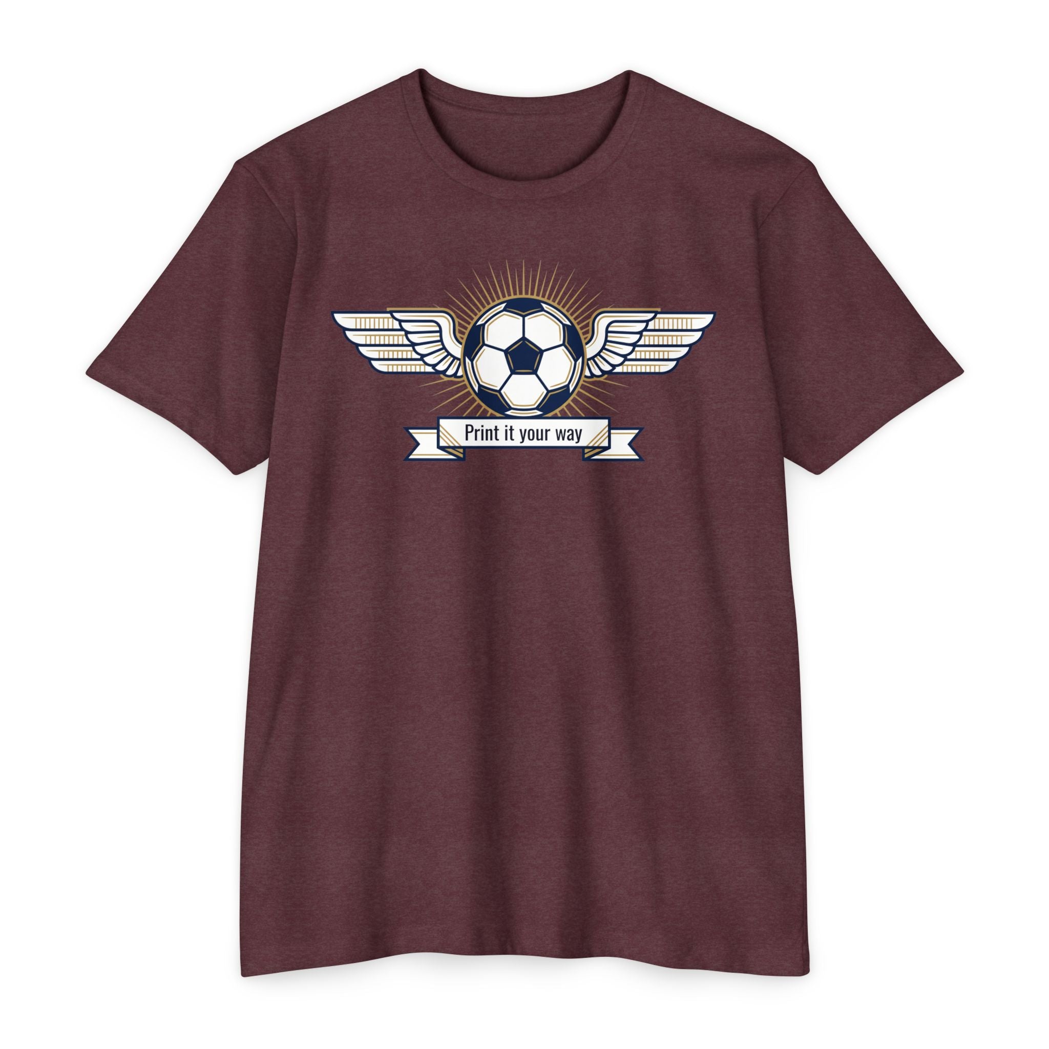 Burgundy soccer T-shirt with winged ball emblem and banner graphic on the chest