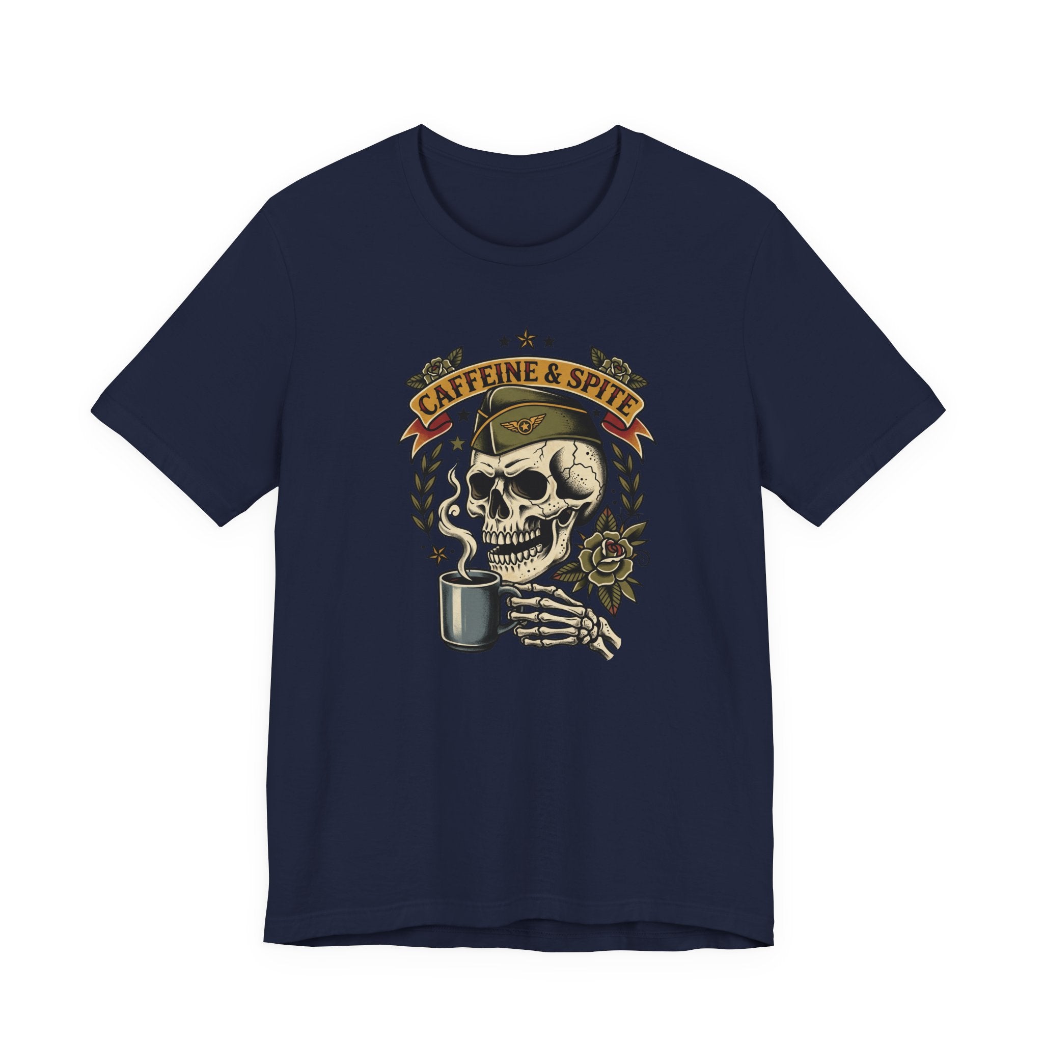 Navy graphic T-shirt with skull holding coffee mug, Caffeine & Spite design