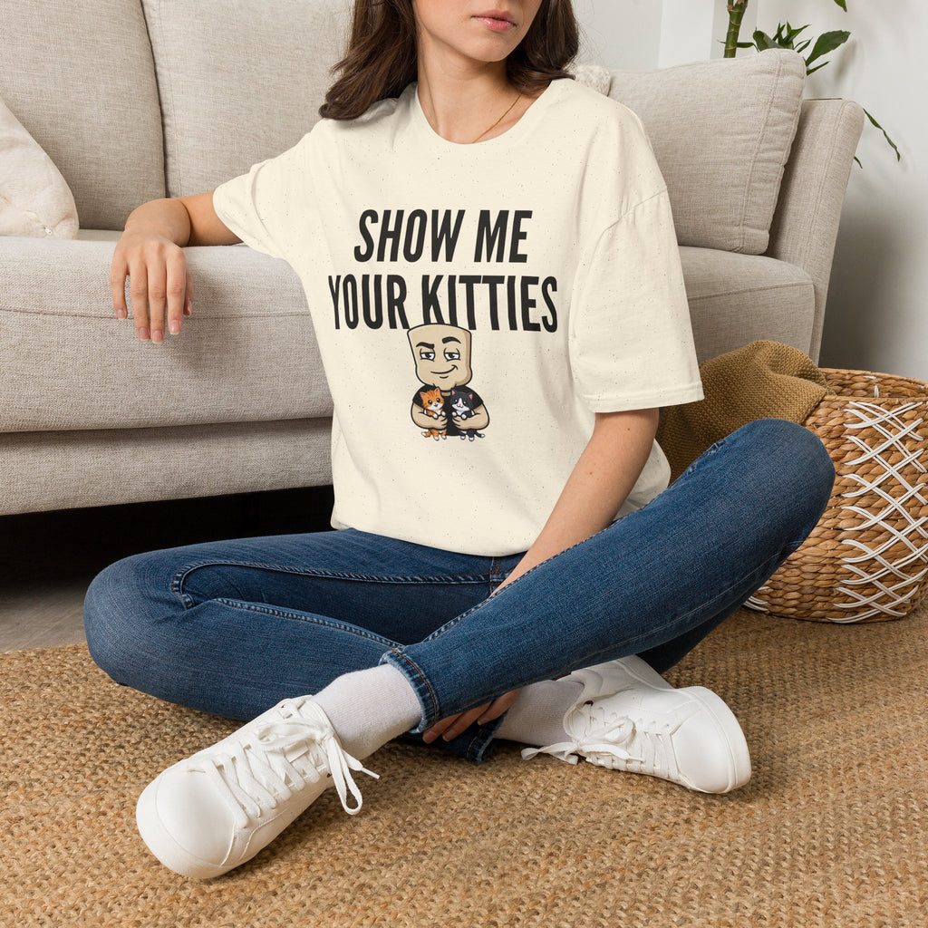 Short-sleeve T-shirt, off-white with 'SHOW ME YOUR KITTIES' cat graphic at center.
