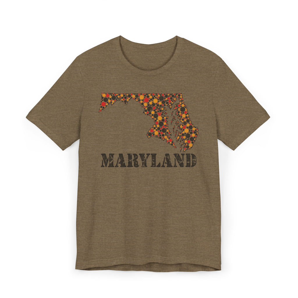 Dark brown Maryland floral map graphic T-shirt with dotted map and 'MARYLAND' lettering