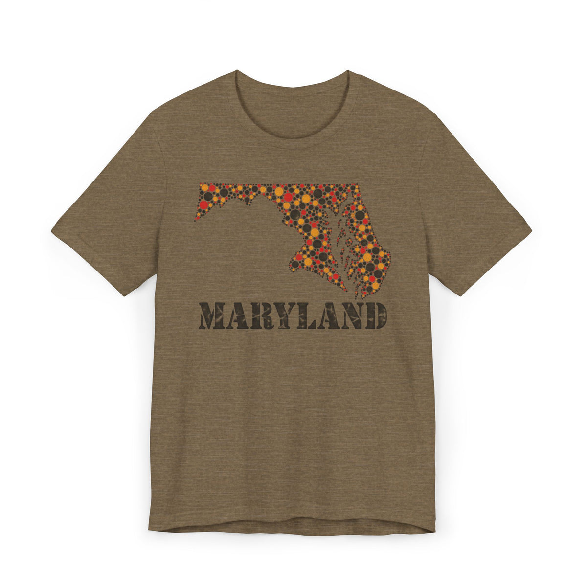 Dark brown Maryland floral map graphic T-shirt with dotted map and 'MARYLAND' lettering