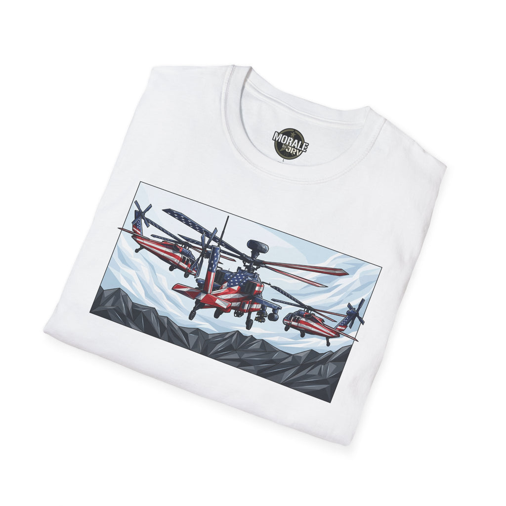White T-shirt front with attack helicopter graphic in rectangular frame