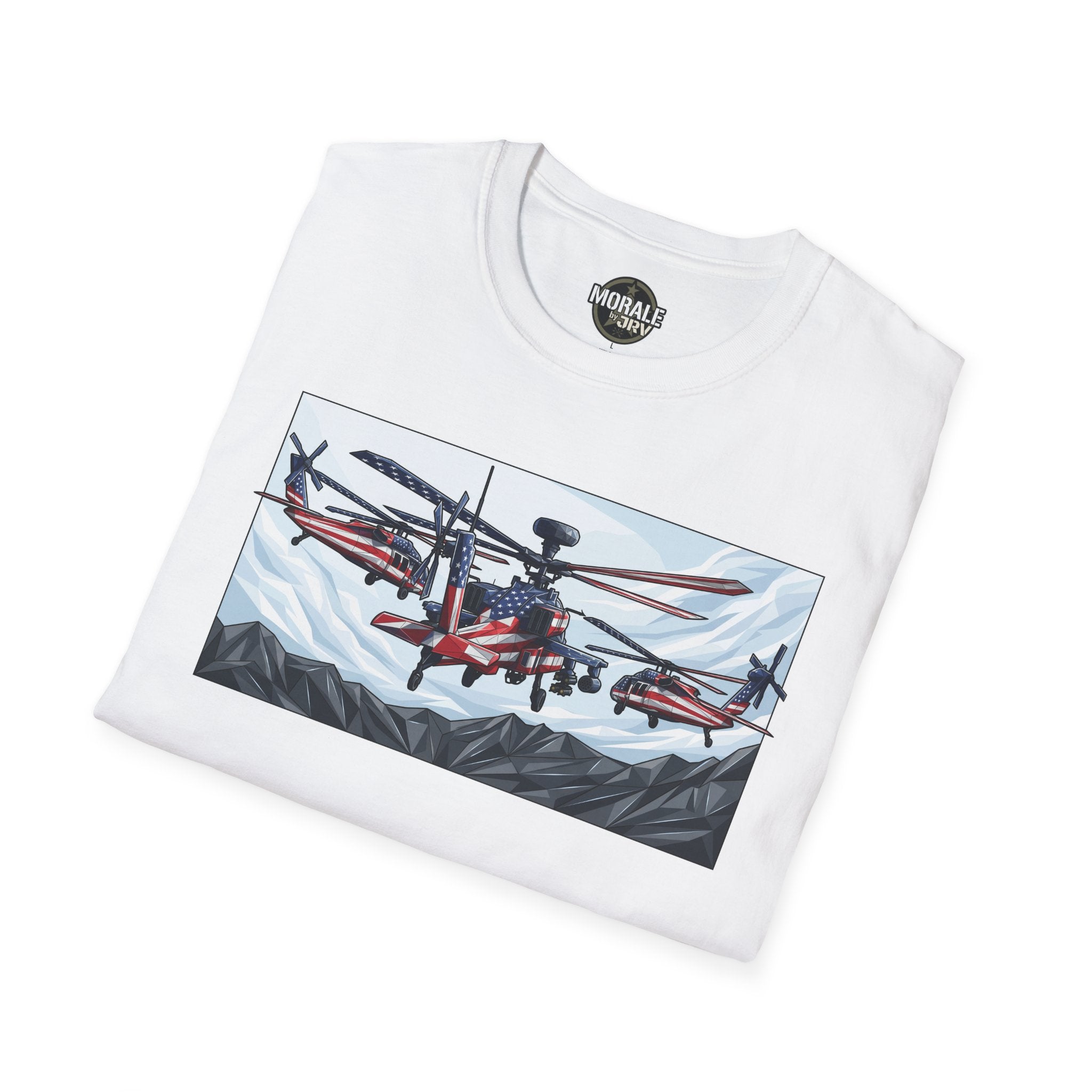 White T-shirt front with attack helicopter graphic in rectangular frame