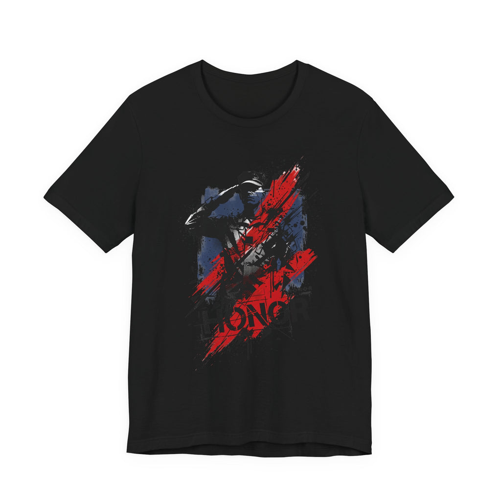 Black t-shirt with 'HONOR' soldier graphic in red and blue
