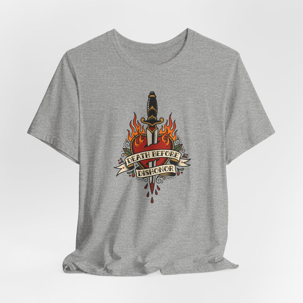 Heather gray T-shirt with flame dagger graphic and banner