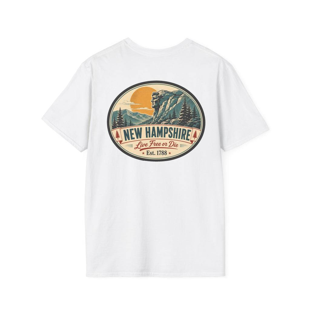 White graphic T-shirt with circular mountains and New Hampshire logo on chest
