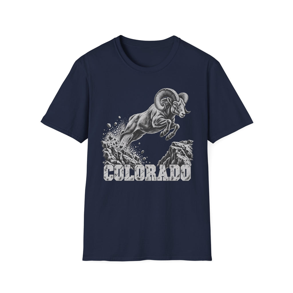 Navy t-shirt with bighorn sheep and Colorado wildlife graphic on front