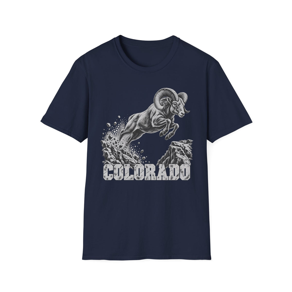Navy t-shirt with bighorn sheep and Colorado wildlife graphic on front