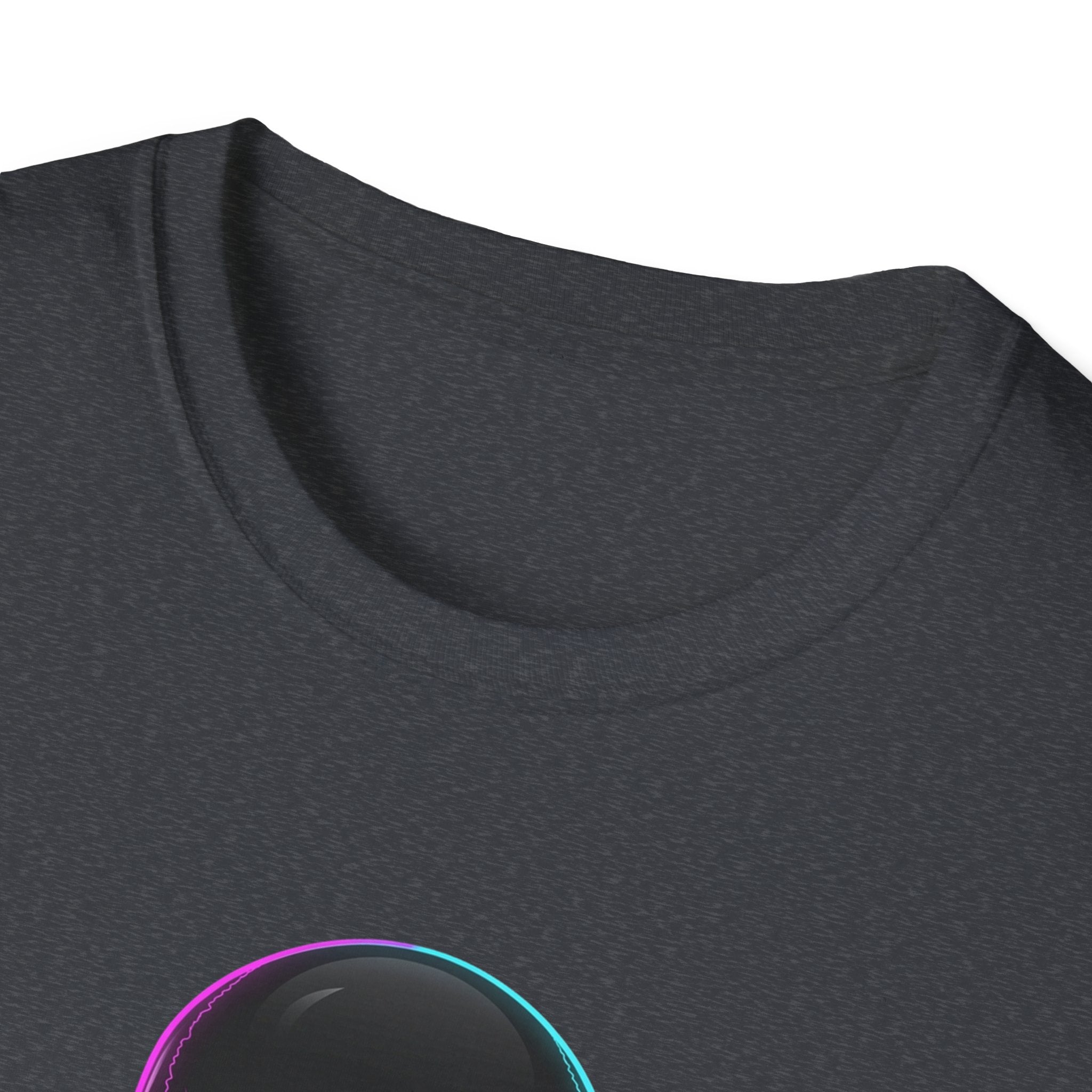 Charcoal heather crew-neck T-shirt close-up, no graphic visible