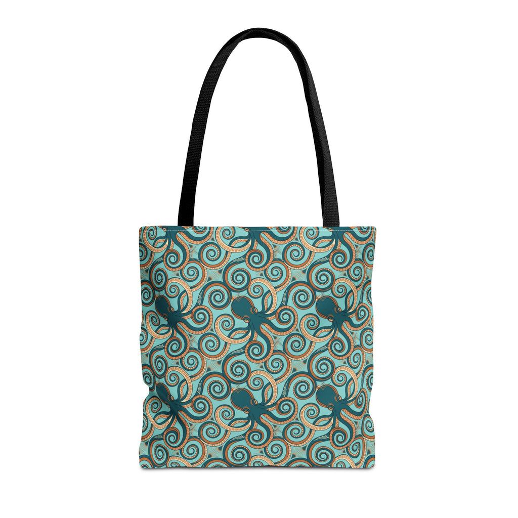 Teal tote bag with all-over octopus swirl pattern and black handles