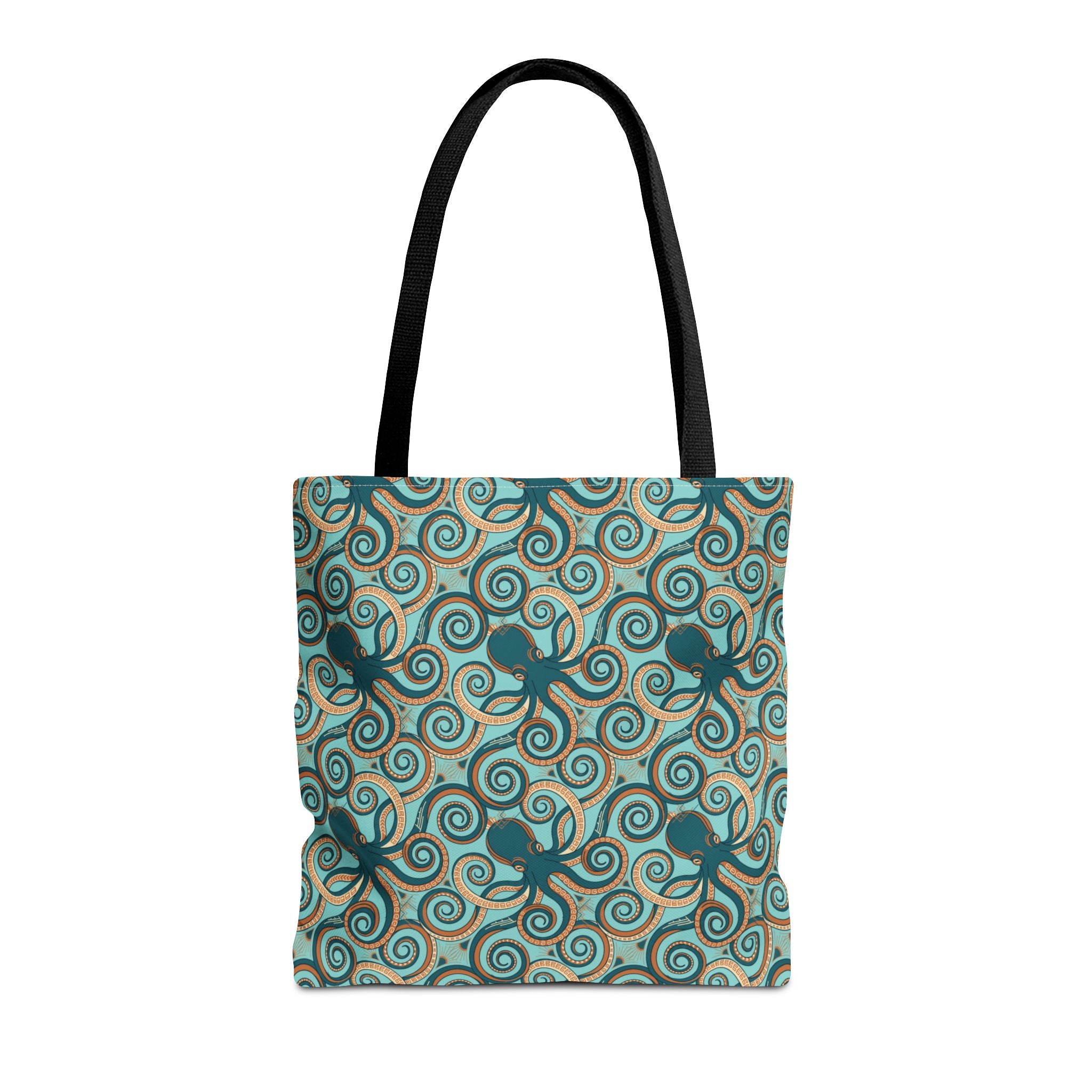 Teal tote bag with all-over octopus swirl pattern and black handles