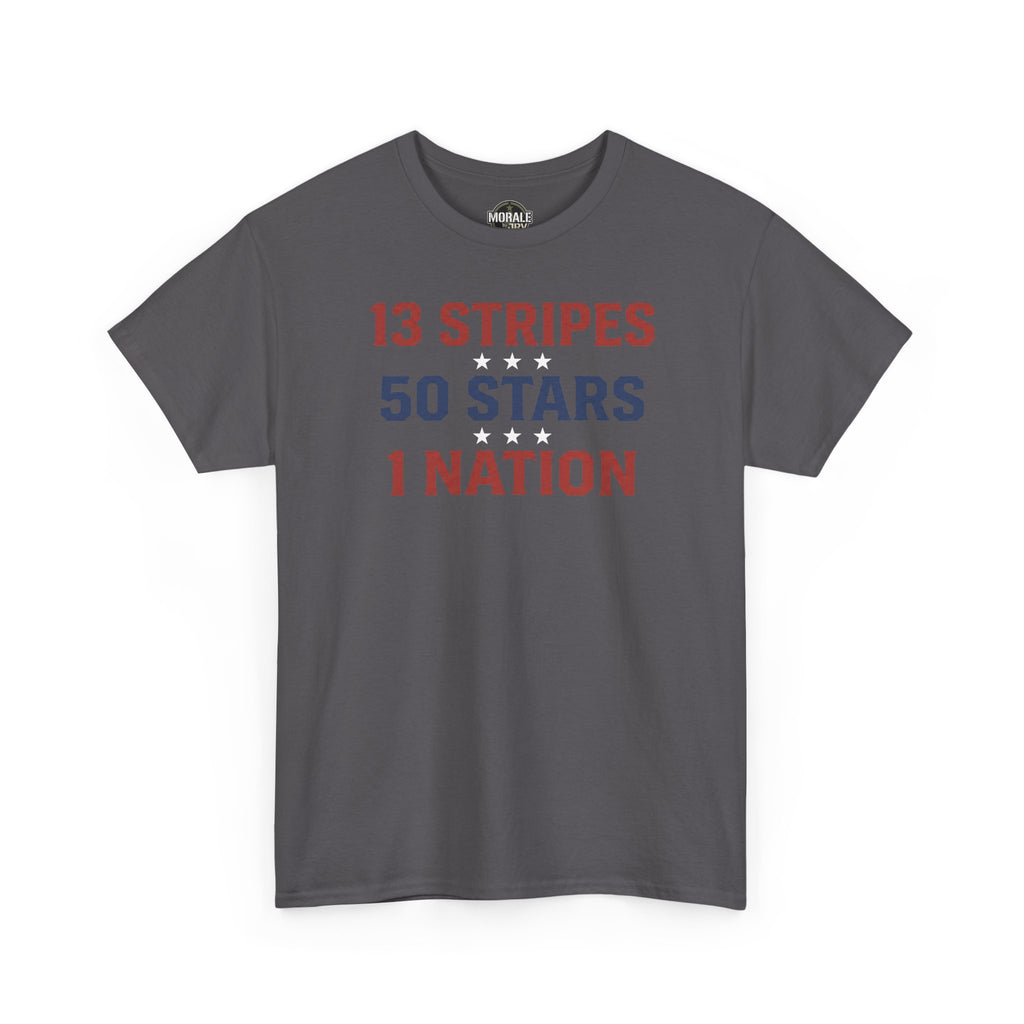 Patriotic T-shirt, charcoal, front graphic text: 13 STRIPES 50 STARS 1 NATION.