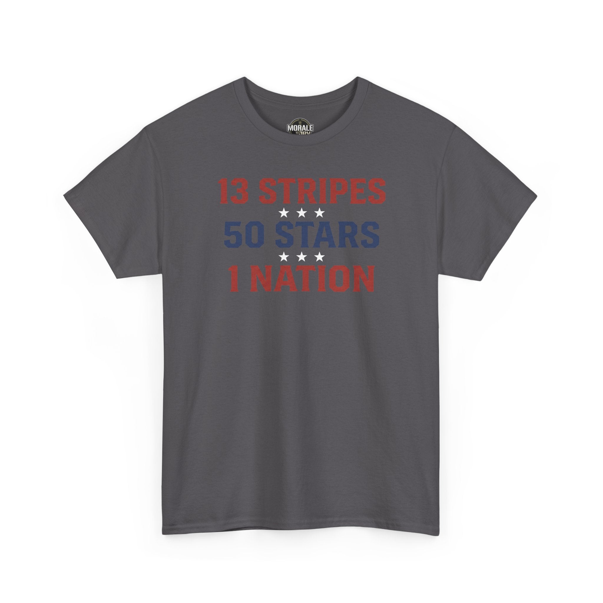 Patriotic T-shirt, charcoal, front graphic text: 13 STRIPES 50 STARS 1 NATION.