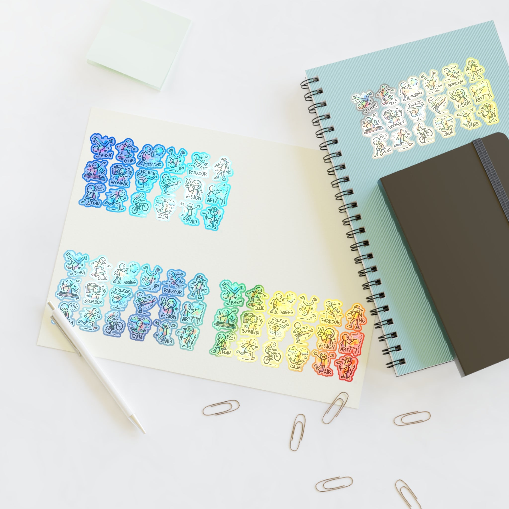 Mini activity character sticker sheet, die-cut colorful exercise icons on two pages