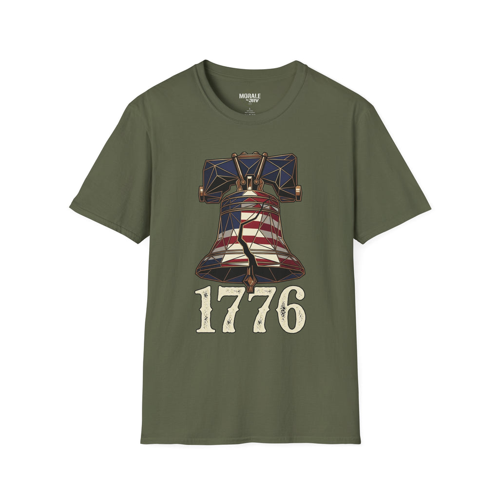 Liberty Bell 1776 T-shirt, olive green, patriotic bell with “1776” front design