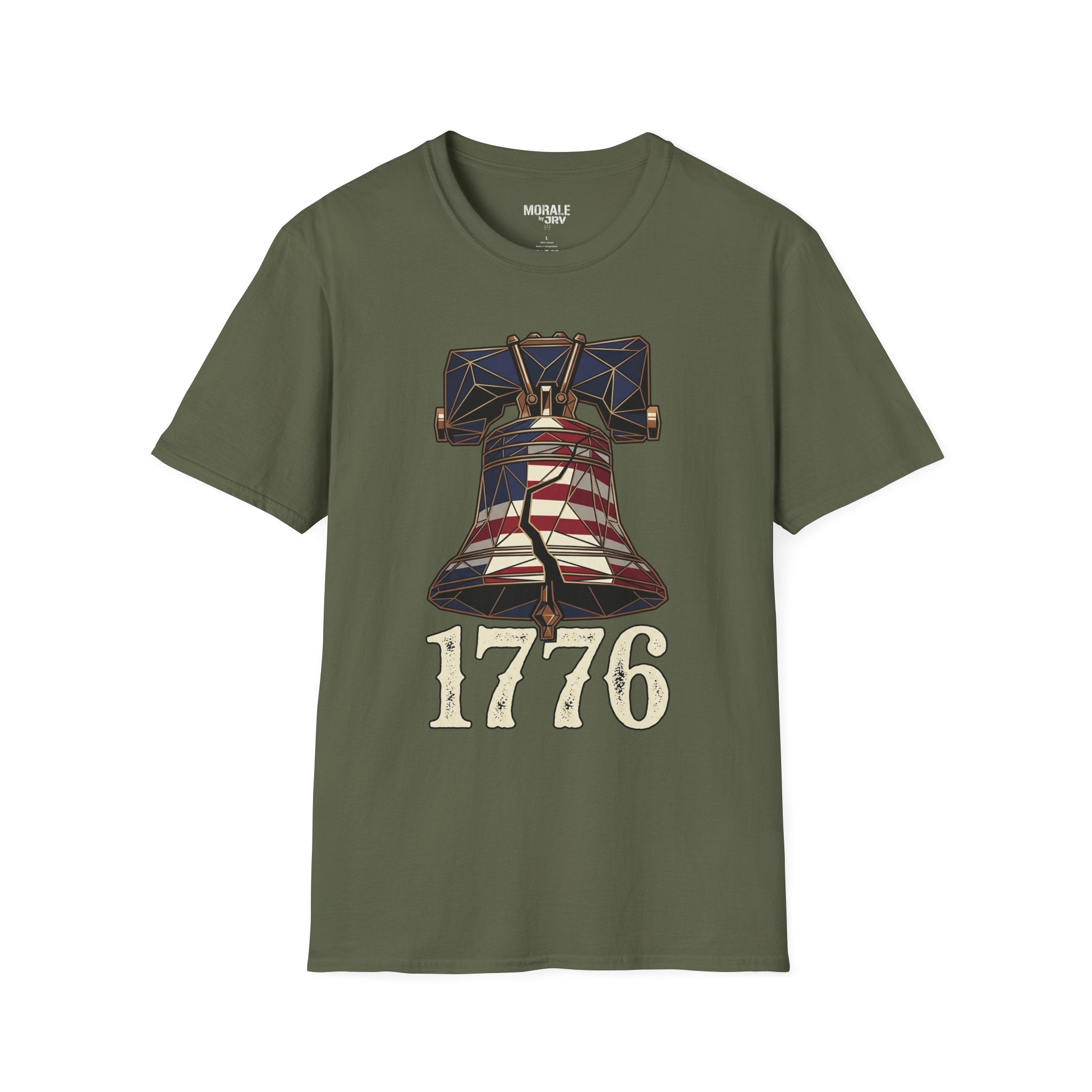 Liberty Bell 1776 T-shirt, olive green, patriotic bell with “1776” front design