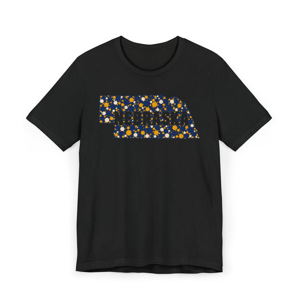 Black tee with floral Nebraska outline graphic and NEBRASKA text