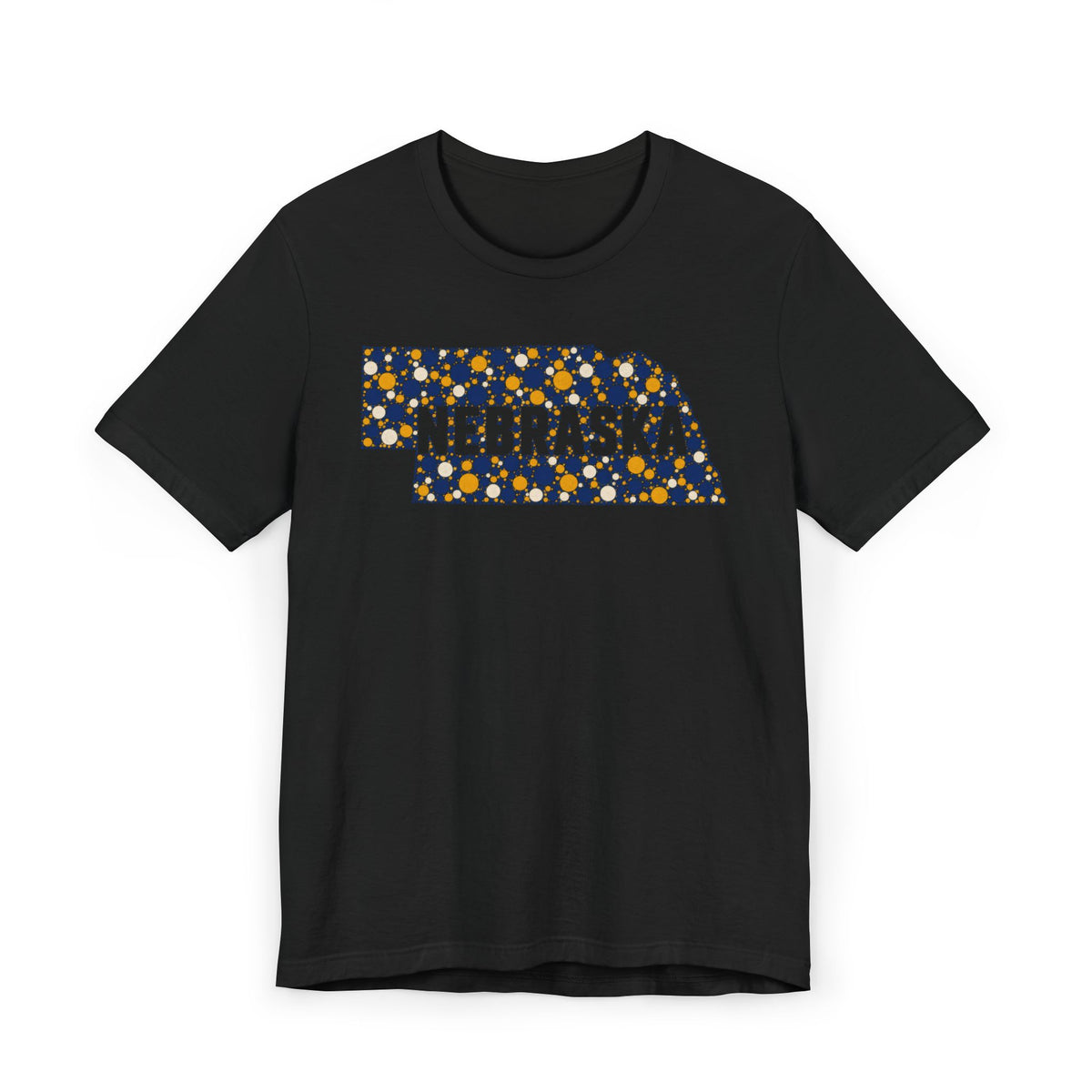 Black tee with floral Nebraska outline graphic and NEBRASKA text