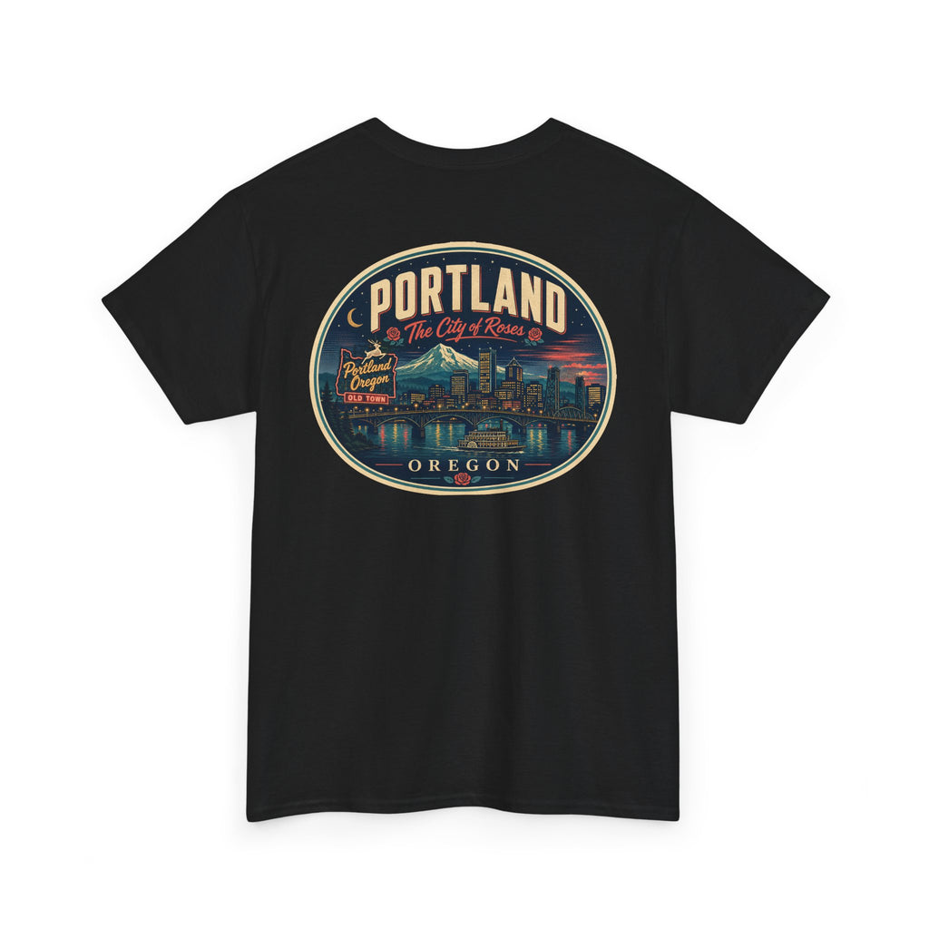 Black T-shirt with Portland Oregon round skyline badge graphic