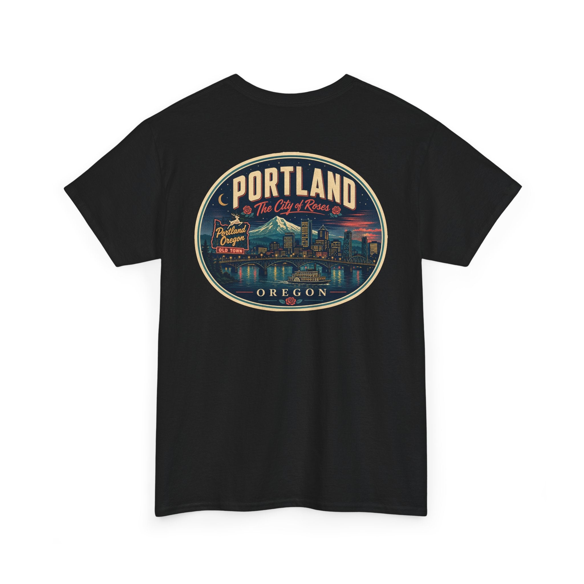 Black T-shirt with Portland Oregon round skyline badge graphic