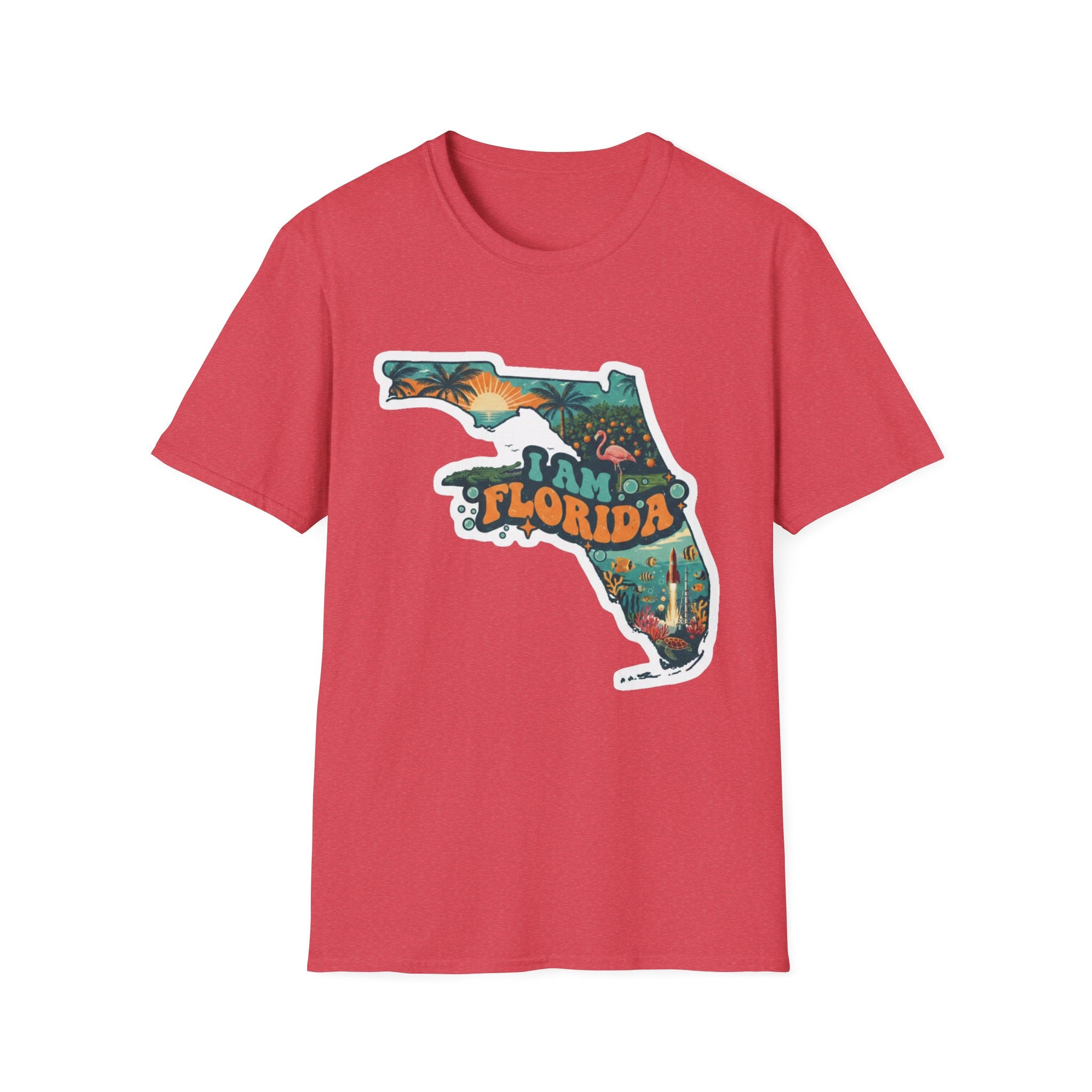 Red T-shirt with “Florida” tropical sunset map graphic on the front