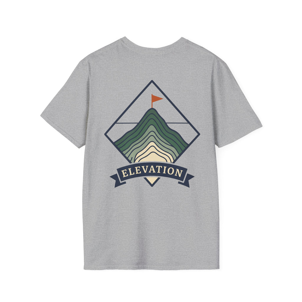Light gray unisex T-shirt with mountain elevation badge graphic and colorful peak lines
