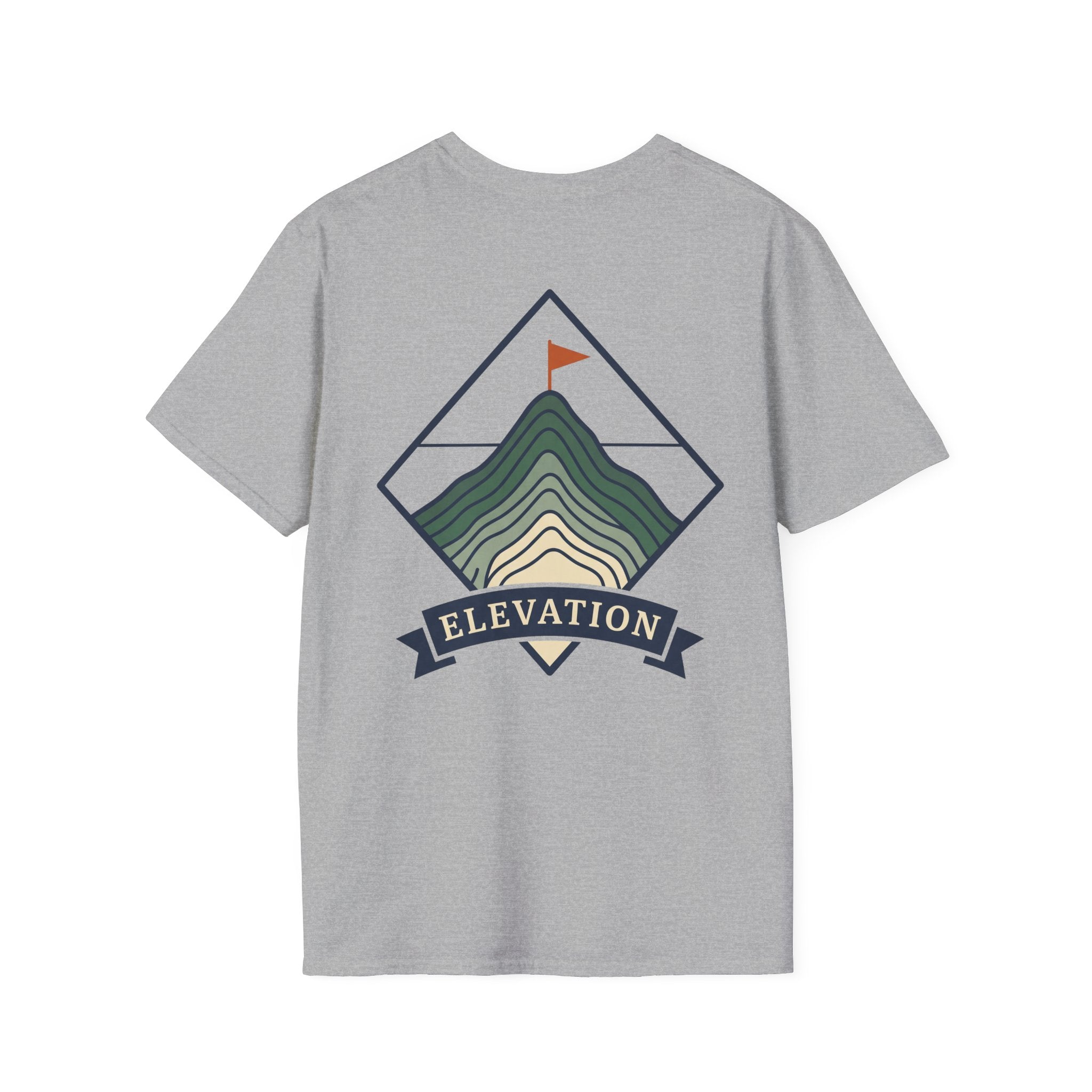 Light gray unisex T-shirt with mountain elevation badge graphic and colorful peak lines