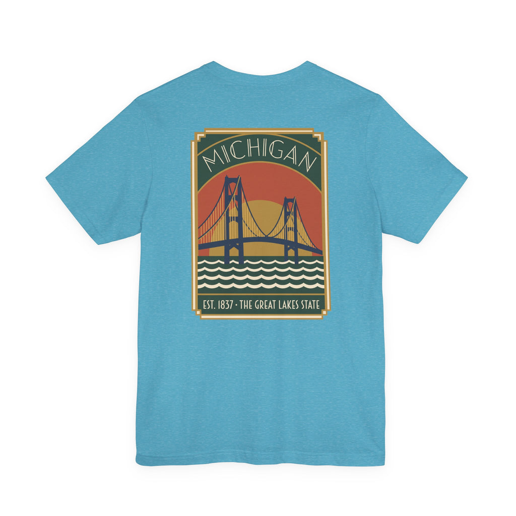 Aqua T-shirt with Michigan bridge art deco graphic and Est. 1837 print
