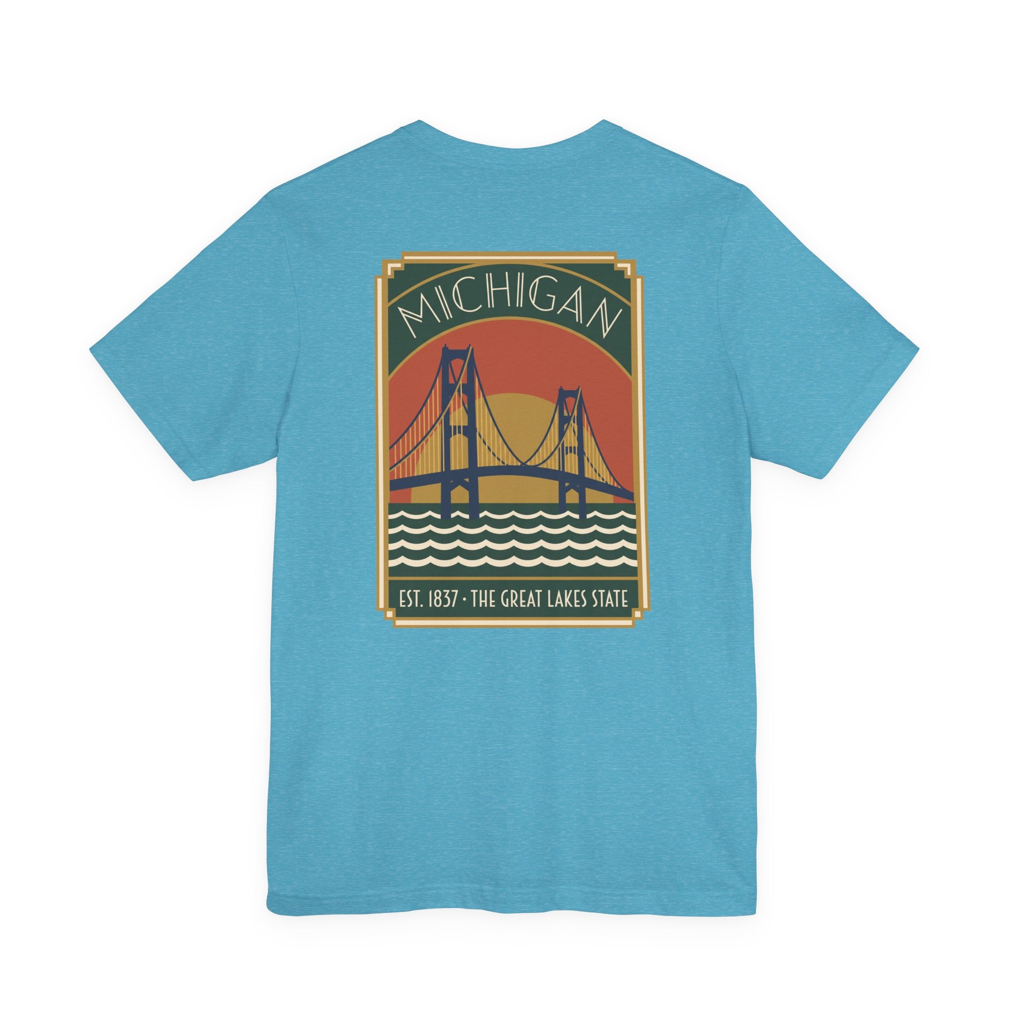 Aqua T-shirt with Michigan bridge art deco graphic and Est. 1837 print
