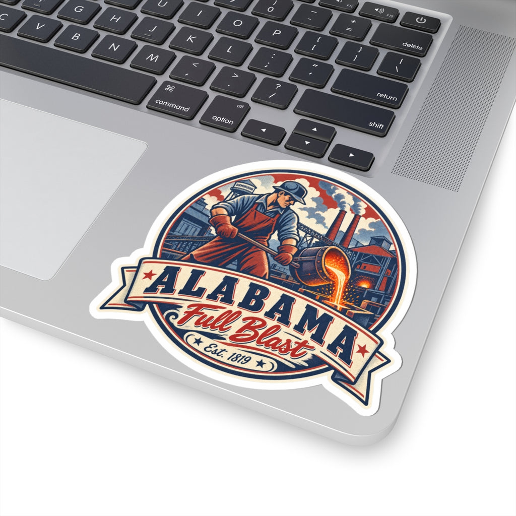 Alabama Full Blast Est. 1819 sticker on laptop keyboard with factory worker artwork