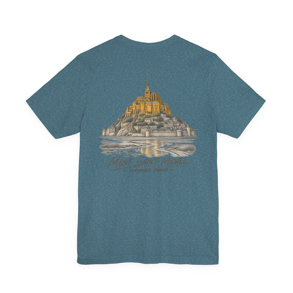 Teal heather T-shirt with castle artwork across the back and text logo print