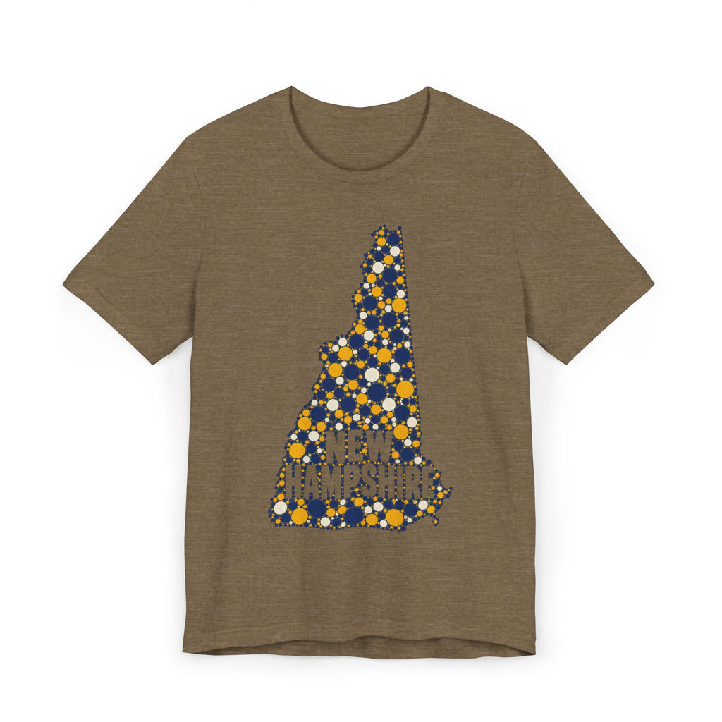 Brown New Hampshire graphic T-shirt with floral dotted state outline and “NEW HAMPSHIRE” text