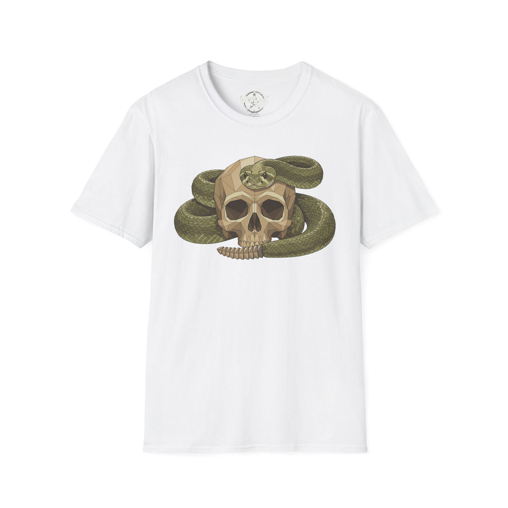 Camiseta blanca con calavera de serpiente verde envuelta y serpiente botánica vintage