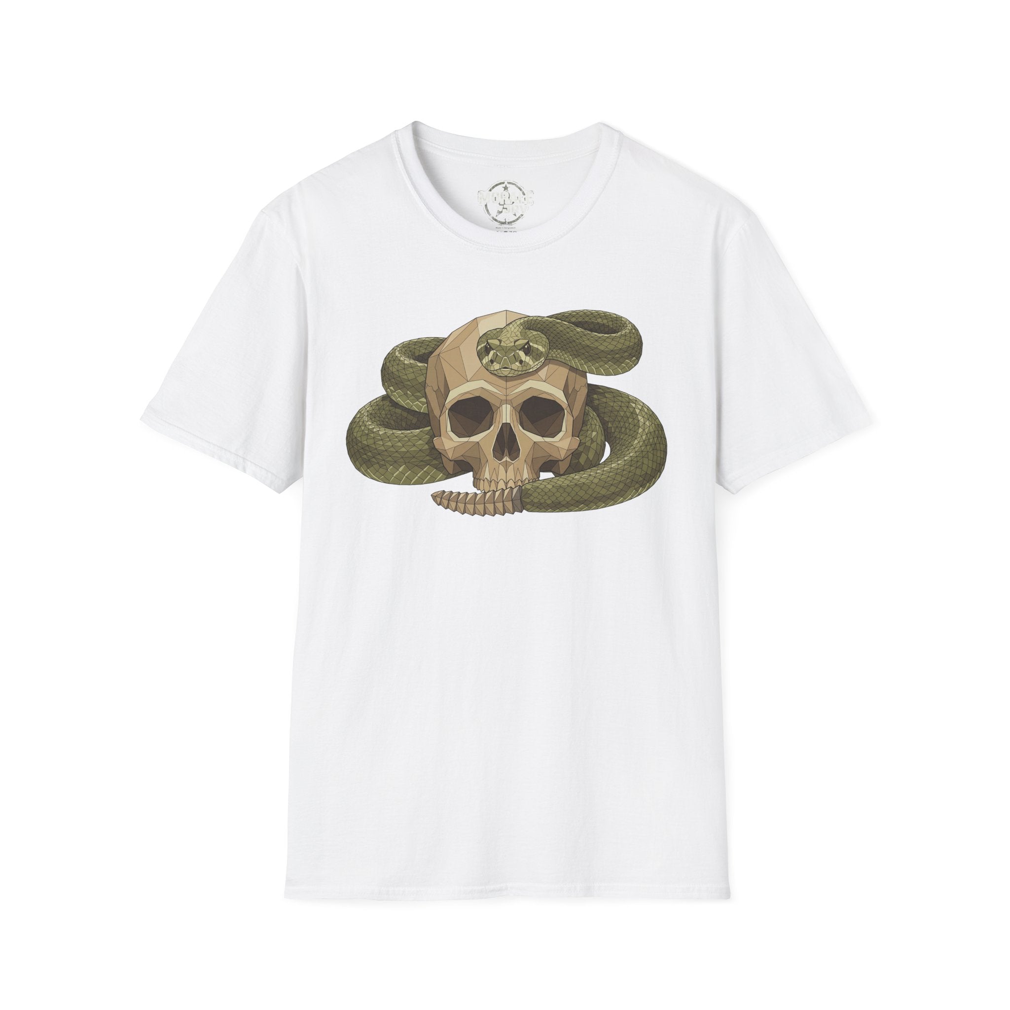 Camiseta blanca con calavera de serpiente verde envuelta y serpiente botánica vintage