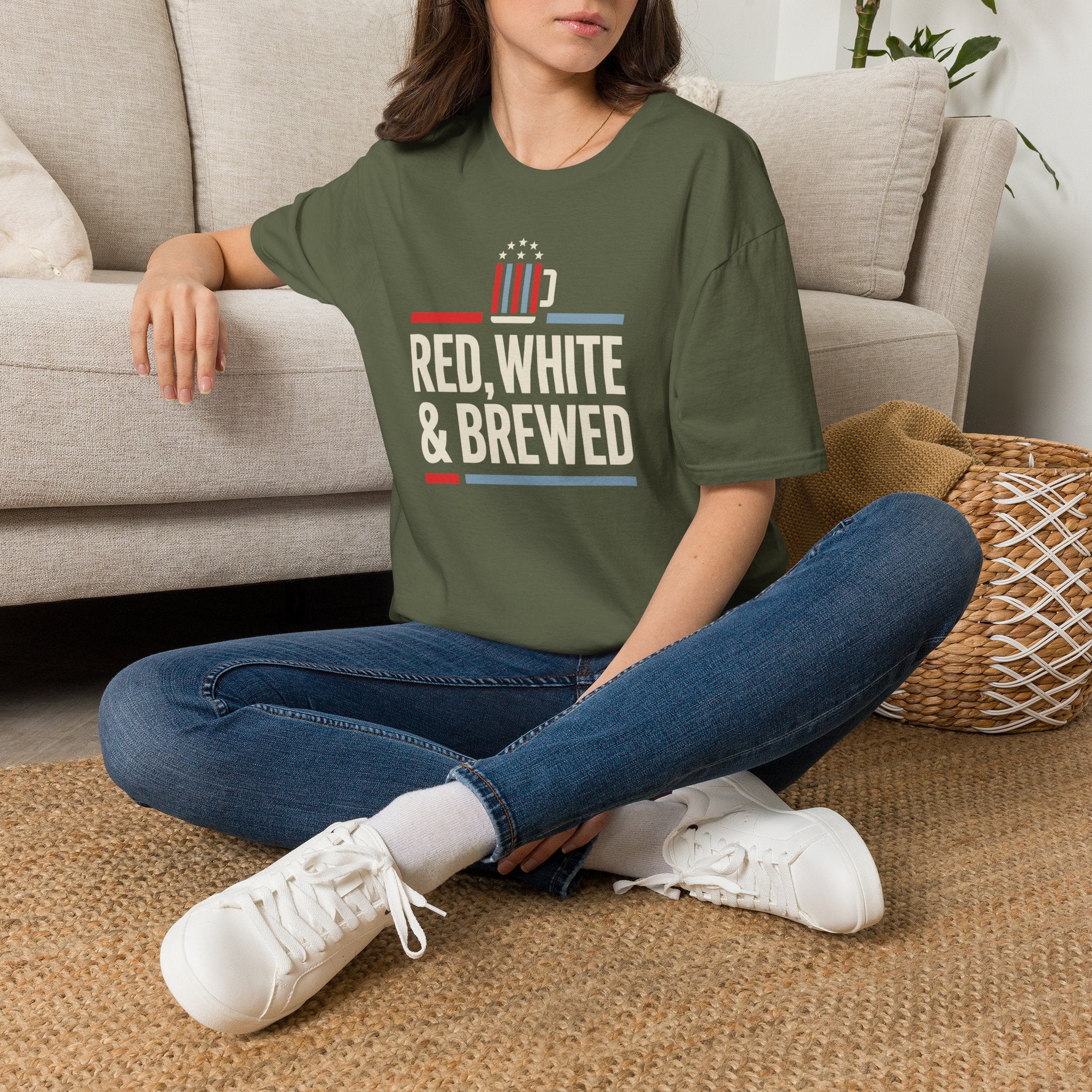 Military green T-shirt with patriotic beer mug graphic and “RED, WHITE & BREWED” text