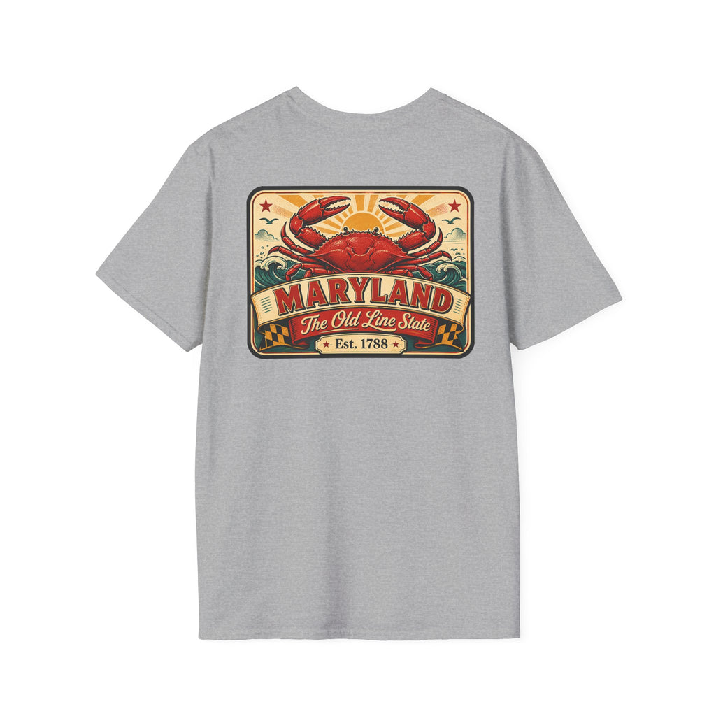 Gray T-shirt with rectangular crab and Maryland graphic on the chest