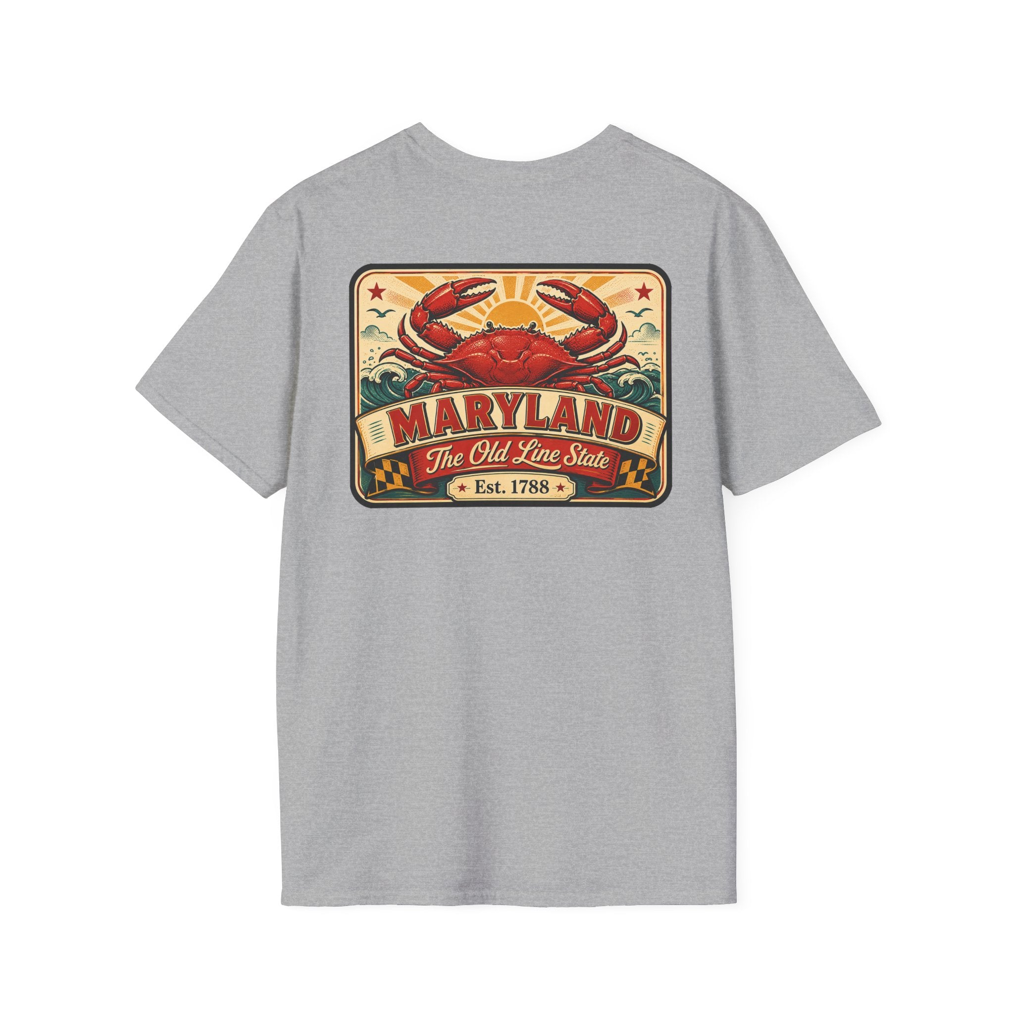Gray T-shirt with rectangular crab and Maryland graphic on the chest