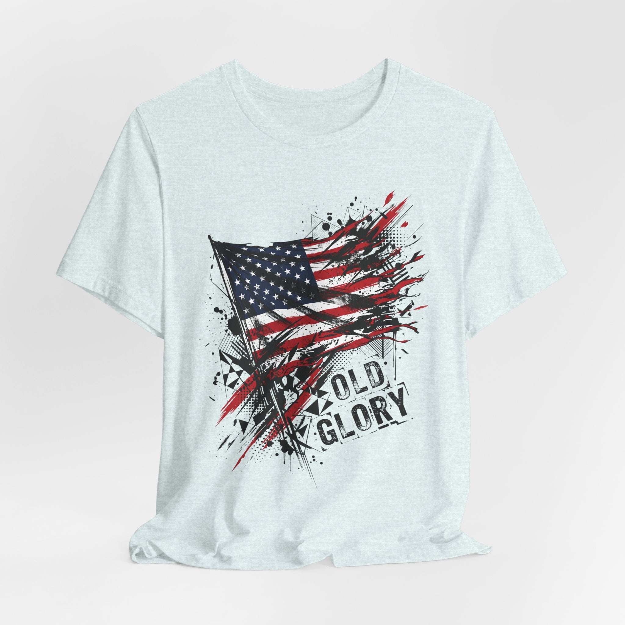 Light blue crew-neck T-shirt with distressed American flag and Old Glory text