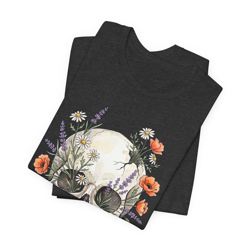Floral skull T-shirt in dark heather charcoal, folded back with flower graphic
