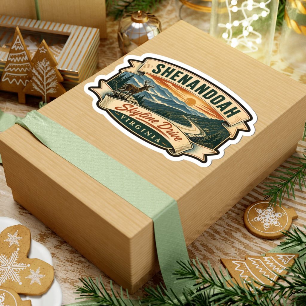 Shenandoah sticker on gift box, deer and mountains with Skyline Drive and Virginia