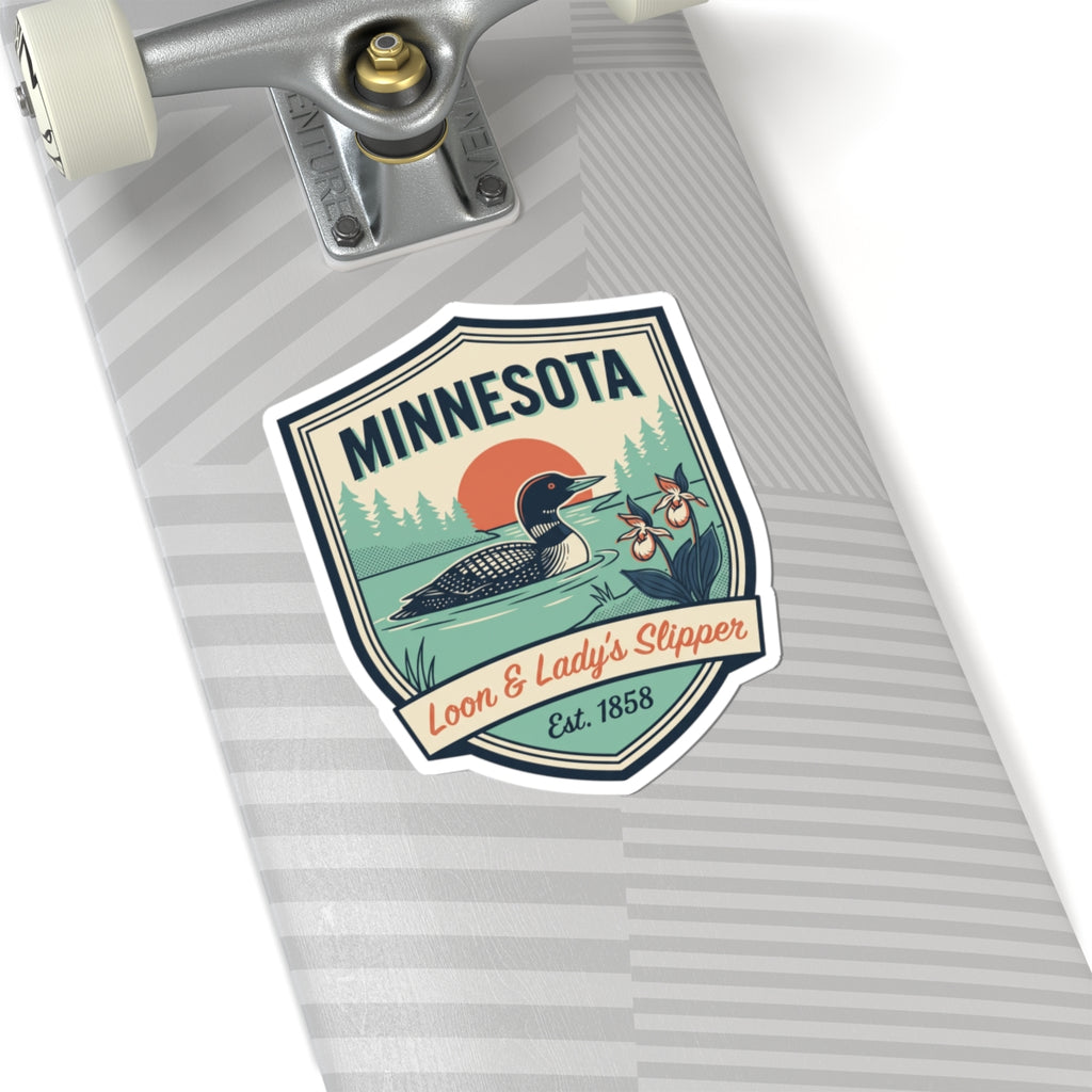 Shield-shaped Minnesota sticker with loon and lady's slipper, Est. 1858, die-cut vinyl
