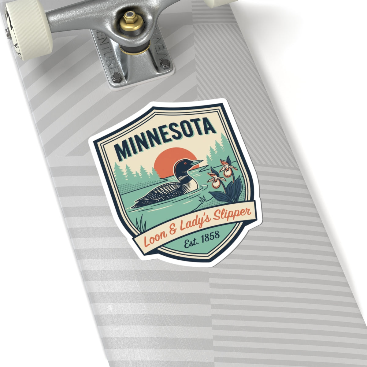 Shield-shaped Minnesota sticker with loon and lady's slipper, Est. 1858, die-cut vinyl