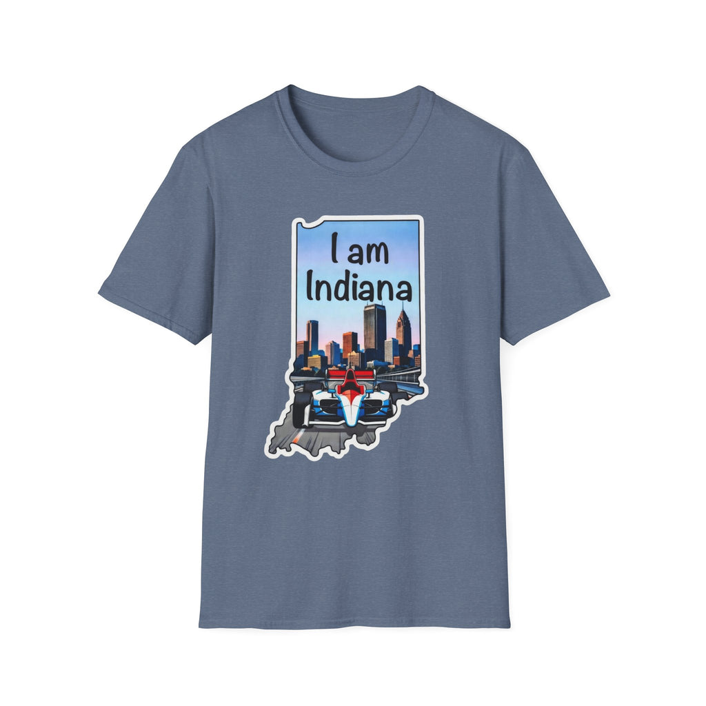 I am Indiana T-Shirt, blau-grau: Indiana-Schriftzug, Skyline & IndyCar im Umriss